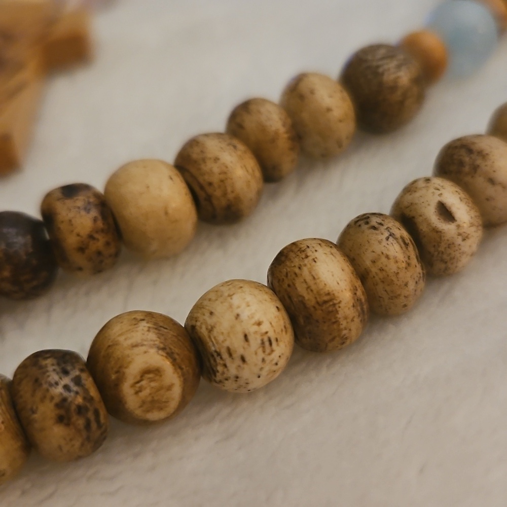 HANDMADE Jasper and Blue Quartz Beaded Shell Olive Wood Cross Prayer Rope - Picture 11 of 12